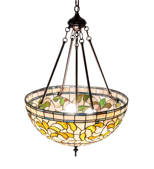 Meyda Lighting Tiffany Turning Leaf 20" 3-Light Mahogany Bronze Inverted Pendant Light With Green & Beige Stained Shade Glass
