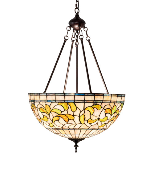 Meyda Lighting Tiffany Turning Leaf 20" 3-Light Mahogany Bronze Inverted Pendant Light With Green & Beige Stained Shade Glass