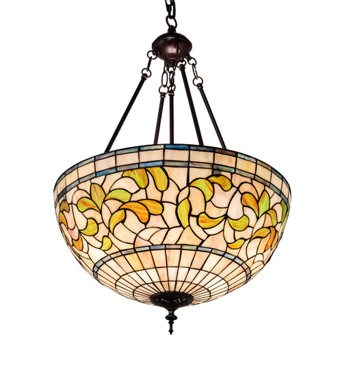 Meyda Lighting Tiffany Turning Leaf 20" 3-Light Mahogany Bronze Inverted Pendant Light With Green & Beige Stained Shade Glass
