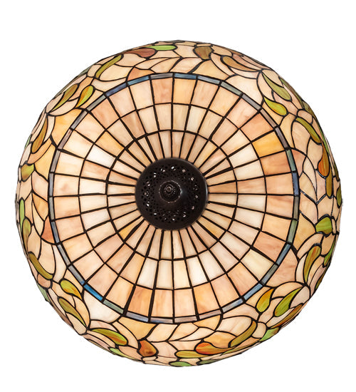 Meyda Lighting Tiffany Turning Leaf 20" 3-Light Mahogany Bronze Inverted Pendant Light With Green & Beige Stained Shade Glass