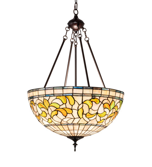 Meyda Lighting Tiffany Turning Leaf 20" 3-Light Mahogany Bronze Inverted Pendant Light With Green & Beige Stained Shade Glass