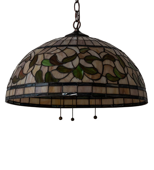 Meyda Lighting Tiffany Turning Leaf 20" 3-Light Mahogany Bronze Pendant Light With Green & Beige Stained Shade Glass