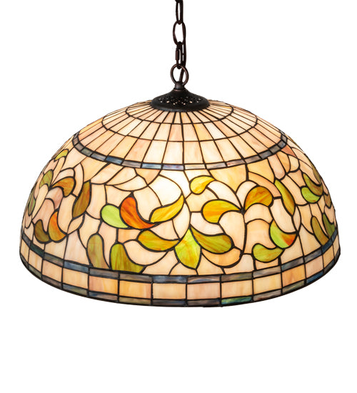 Meyda Lighting Tiffany Turning Leaf 20" 3-Light Mahogany Bronze Pendant Light With Green & Beige Stained Shade Glass