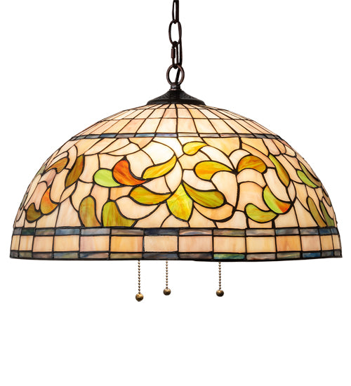 Meyda Lighting Tiffany Turning Leaf 20" 3-Light Mahogany Bronze Pendant Light With Green & Beige Stained Shade Glass