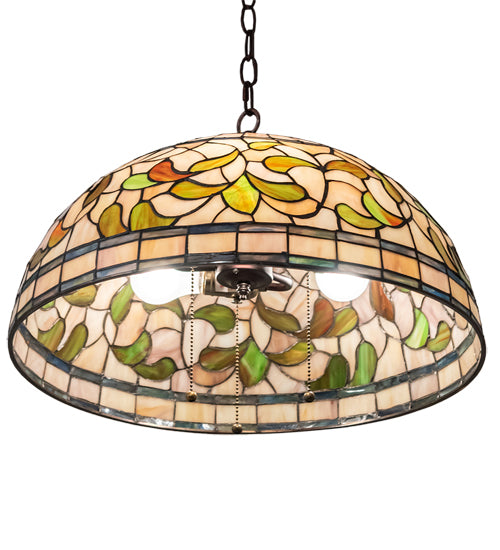 Meyda Lighting Tiffany Turning Leaf 20" 3-Light Mahogany Bronze Pendant Light With Green & Beige Stained Shade Glass