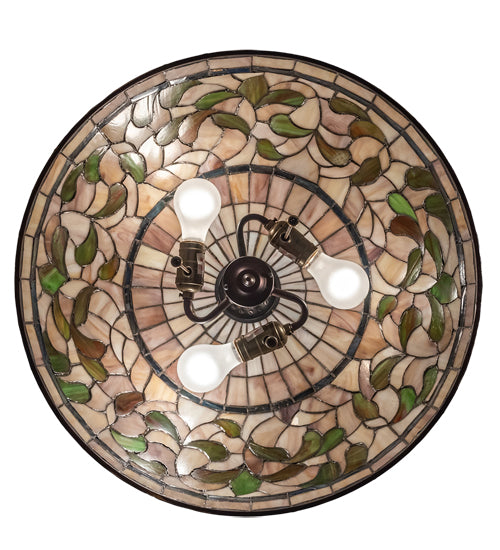 Meyda Lighting Tiffany Turning Leaf 20" 3-Light Mahogany Bronze Pendant Light With Green & Beige Stained Shade Glass