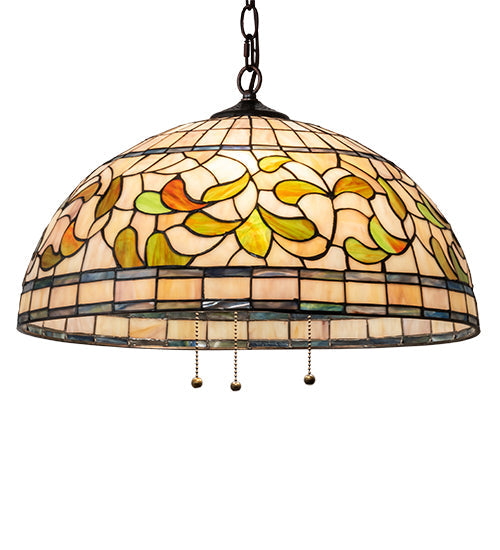 Meyda Lighting Tiffany Turning Leaf 20" 3-Light Mahogany Bronze Pendant Light With Green & Beige Stained Shade Glass