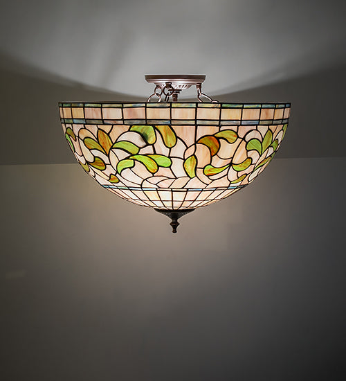 Meyda Lighting Tiffany Turning Leaf 20" 3-Light Mahogany Bronze Semi-flush Mount Light With Mauve & Beige Stained Shade Glass