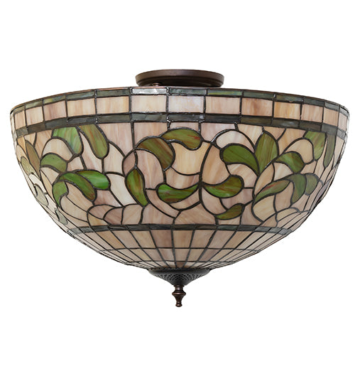 Meyda Lighting Tiffany Turning Leaf 20" 3-Light Mahogany Bronze Semi-flush Mount Light With Mauve & Beige Stained Shade Glass