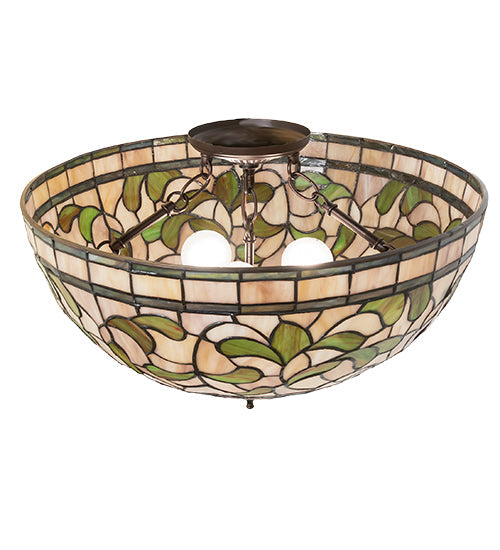 Meyda Lighting Tiffany Turning Leaf 20" 3-Light Mahogany Bronze Semi-flush Mount Light With Mauve & Beige Stained Shade Glass