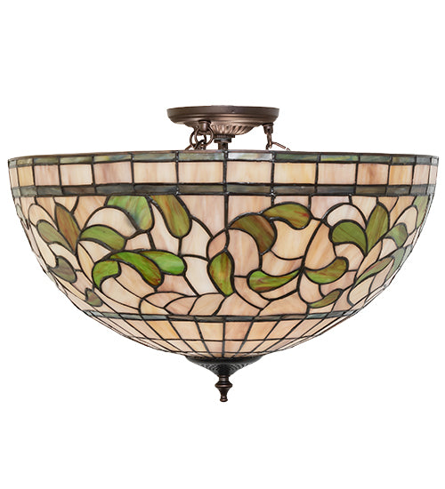 Meyda Lighting Tiffany Turning Leaf 20" 3-Light Mahogany Bronze Semi-flush Mount Light With Mauve & Beige Stained Shade Glass