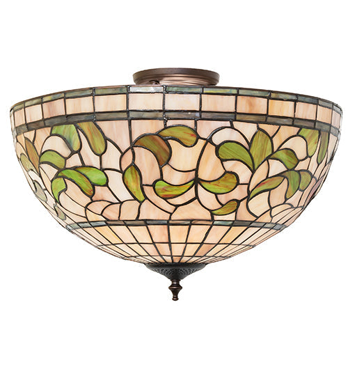 Meyda Lighting Tiffany Turning Leaf 20" 3-Light Mahogany Bronze Semi-flush Mount Light With Mauve & Beige Stained Shade Glass
