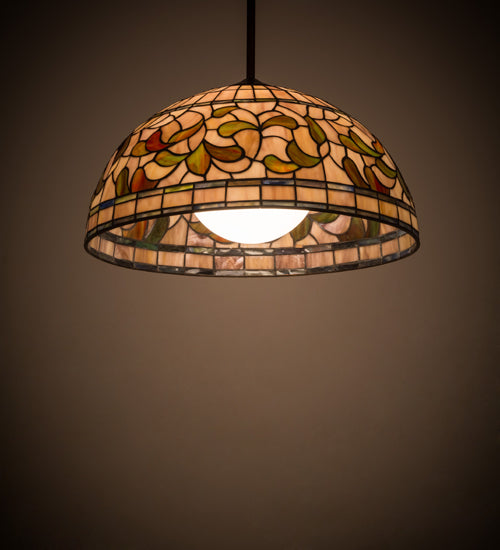Meyda Lighting Tiffany Turning Leaf 20" Mahogany Bronze Pendant Light With Multi-Colored Shade Glass