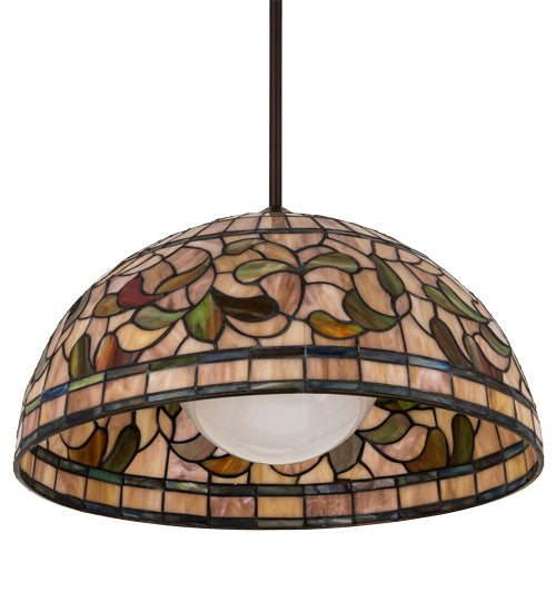 Meyda Lighting Tiffany Turning Leaf 20" Mahogany Bronze Pendant Light With Multi-Colored Shade Glass