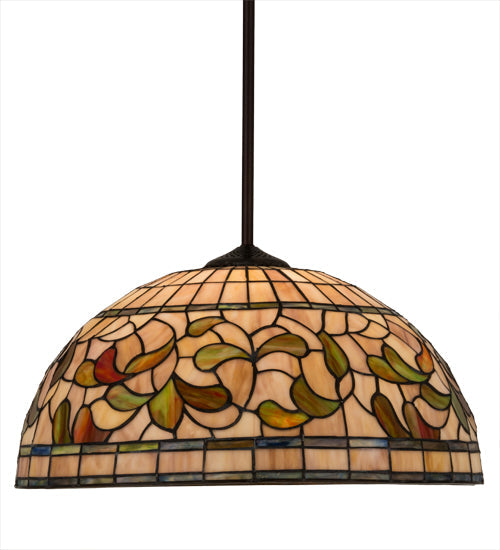 Meyda Lighting Tiffany Turning Leaf 20" Mahogany Bronze Pendant Light With Multi-Colored Shade Glass
