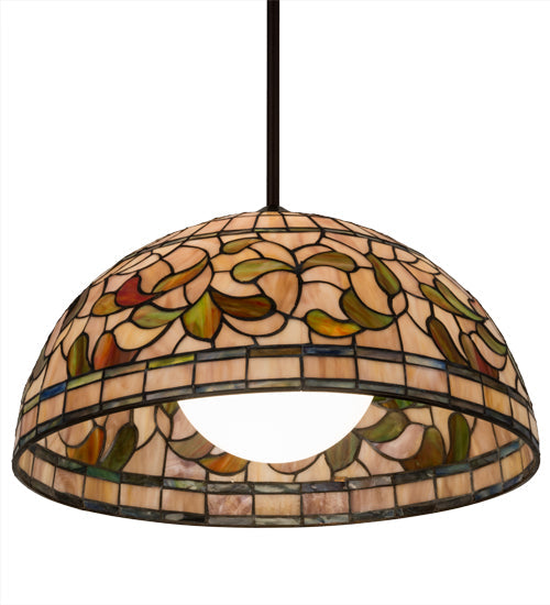 Meyda Lighting Tiffany Turning Leaf 20" Mahogany Bronze Pendant Light With Multi-Colored Shade Glass