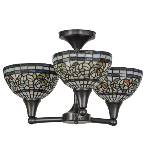 Meyda Lighting Tiffany Turning Leaf 22" 3-Light Craftsman Brown Flush Mount Light With Multi-Colored Shade Glass