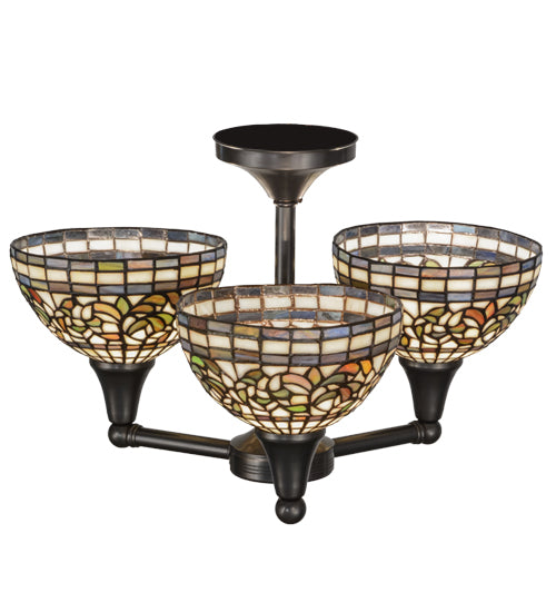 Meyda Lighting Tiffany Turning Leaf 22" 3-Light Craftsman Brown Flush Mount Light With Multi-Colored Shade Glass
