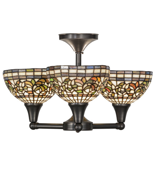 Meyda Lighting Tiffany Turning Leaf 22" 3-Light Craftsman Brown Flush Mount Light With Multi-Colored Shade Glass