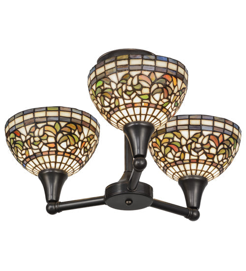 Meyda Lighting Tiffany Turning Leaf 22" 3-Light Craftsman Brown Flush Mount Light With Multi-Colored Shade Glass