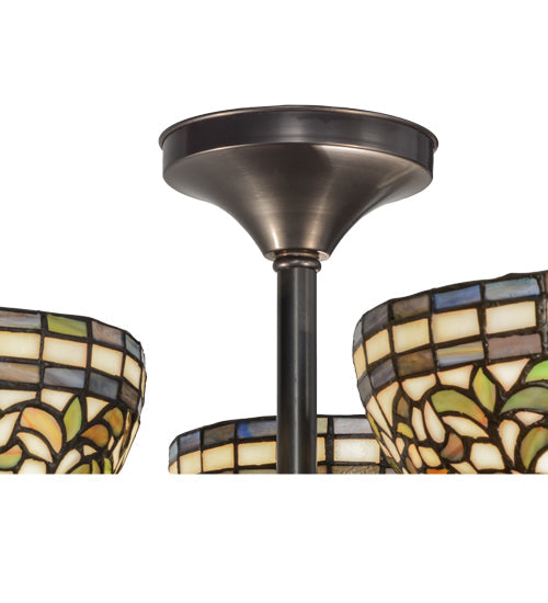Meyda Lighting Tiffany Turning Leaf 22" 3-Light Craftsman Brown Flush Mount Light With Multi-Colored Shade Glass