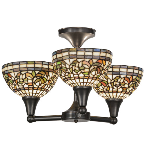 Meyda Lighting Tiffany Turning Leaf 22" 3-Light Craftsman Brown Flush Mount Light With Multi-Colored Shade Glass