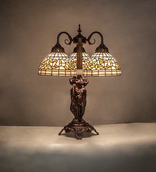 Meyda Lighting Tiffany Turning Leaf 23" 3-Light Mahogany Bronze Table Lamp With Multi-Colored Shade Glass