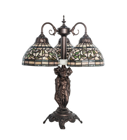 Meyda Lighting Tiffany Turning Leaf 23" 3-Light Mahogany Bronze Table Lamp With Multi-Colored Shade Glass