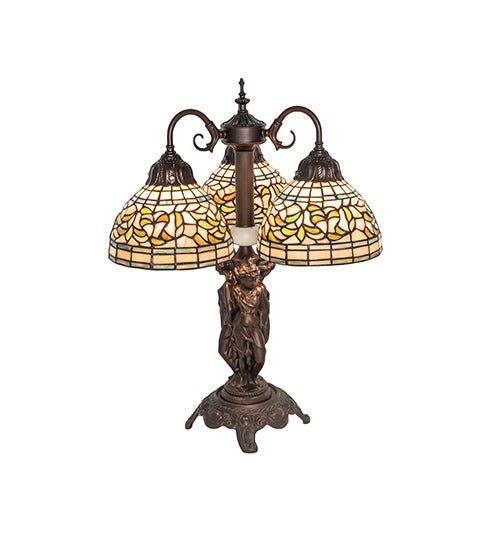 Meyda Lighting Tiffany Turning Leaf 23" 3-Light Mahogany Bronze Table Lamp With Multi-Colored Shade Glass