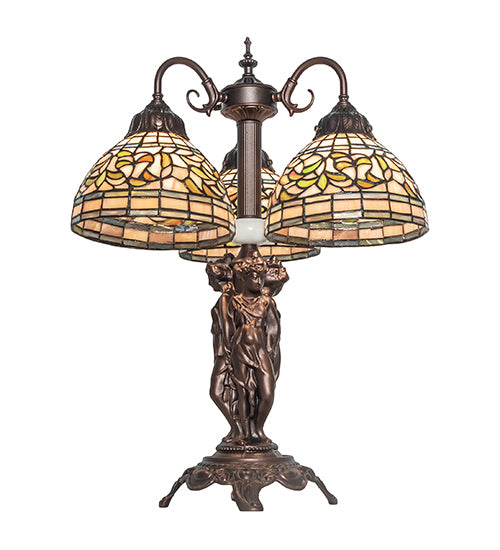 Meyda Lighting Tiffany Turning Leaf 23" 3-Light Mahogany Bronze Table Lamp With Multi-Colored Shade Glass