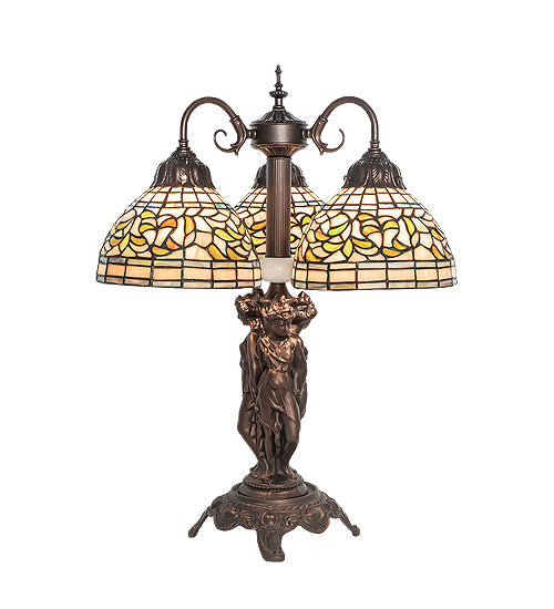 Meyda Lighting Tiffany Turning Leaf 23" 3-Light Mahogany Bronze Table Lamp With Multi-Colored Shade Glass