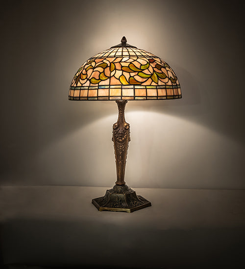 Meyda Lighting Tiffany Turning Leaf 23" Mahogany Bronze Table Lamp With Multi-Colored Shade Glass