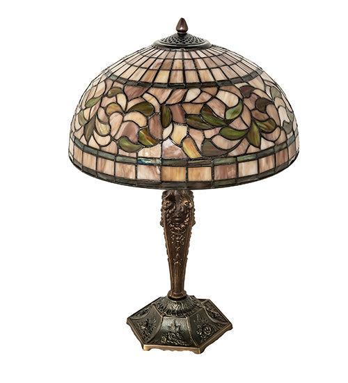 Meyda Lighting Tiffany Turning Leaf 23" Mahogany Bronze Table Lamp With Multi-Colored Shade Glass