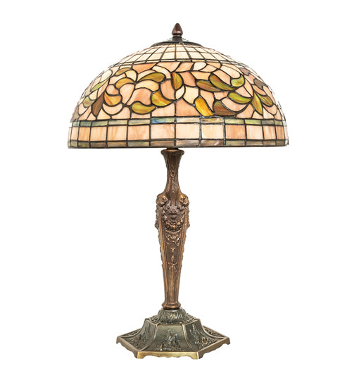 Meyda Lighting Tiffany Turning Leaf 23" Mahogany Bronze Table Lamp With Multi-Colored Shade Glass