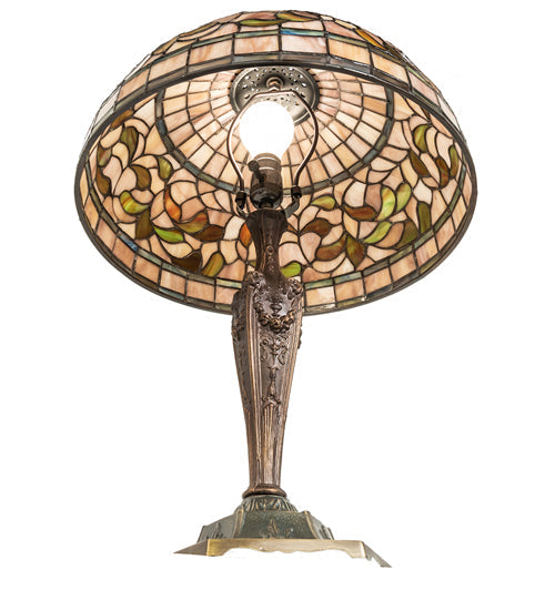 Meyda Lighting Tiffany Turning Leaf 23" Mahogany Bronze Table Lamp With Multi-Colored Shade Glass