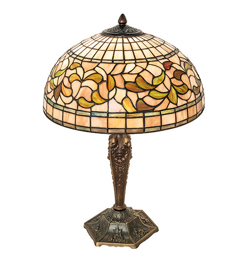 Meyda Lighting Tiffany Turning Leaf 23" Mahogany Bronze Table Lamp With Multi-Colored Shade Glass