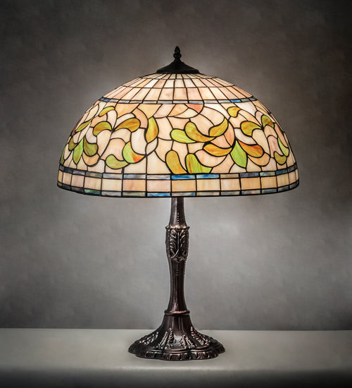 Meyda Lighting Tiffany Turning Leaf 26" 3-Light Mahogany Bronze Table Lamp With Multi-Colored Shade Glass