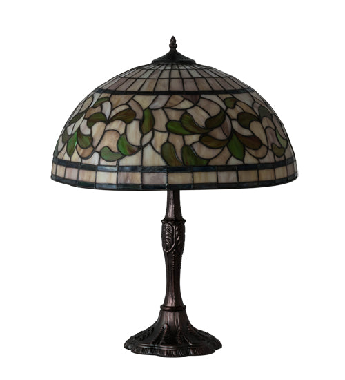 Meyda Lighting Tiffany Turning Leaf 26" 3-Light Mahogany Bronze Table Lamp With Multi-Colored Shade Glass