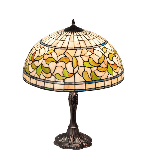 Meyda Lighting Tiffany Turning Leaf 26" 3-Light Mahogany Bronze Table Lamp With Multi-Colored Shade Glass