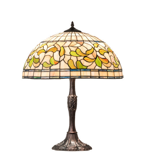 Meyda Lighting Tiffany Turning Leaf 26" 3-Light Mahogany Bronze Table Lamp With Multi-Colored Shade Glass