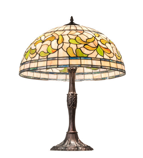 Meyda Lighting Tiffany Turning Leaf 26" 3-Light Mahogany Bronze Table Lamp With Multi-Colored Shade Glass