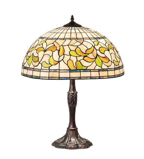 Meyda Lighting Tiffany Turning Leaf 26" 3-Light Mahogany Bronze Table Lamp With Multi-Colored Shade Glass