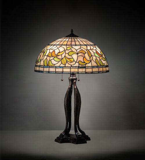 Meyda Lighting Tiffany Turning Leaf 30" 3-Light Mahogany Bronze Table Lamp With Multi-Colored Shade Glass
