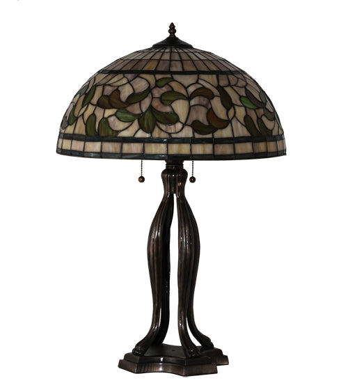 Meyda Lighting Tiffany Turning Leaf 30" 3-Light Mahogany Bronze Table Lamp With Multi-Colored Shade Glass