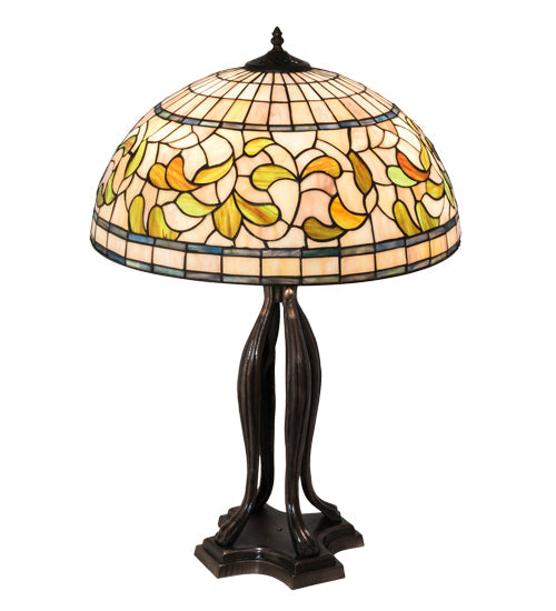 Meyda Lighting Tiffany Turning Leaf 30" 3-Light Mahogany Bronze Table Lamp With Multi-Colored Shade Glass