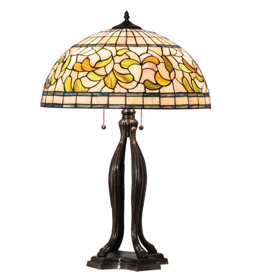 Meyda Lighting Tiffany Turning Leaf 30" 3-Light Mahogany Bronze Table Lamp With Multi-Colored Shade Glass