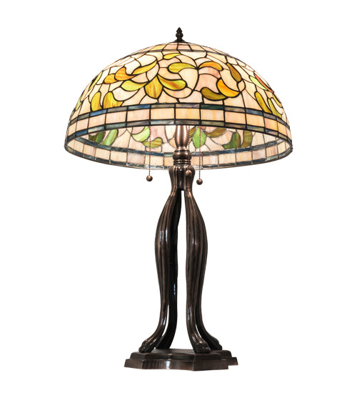 Meyda Lighting Tiffany Turning Leaf 30" 3-Light Mahogany Bronze Table Lamp With Multi-Colored Shade Glass