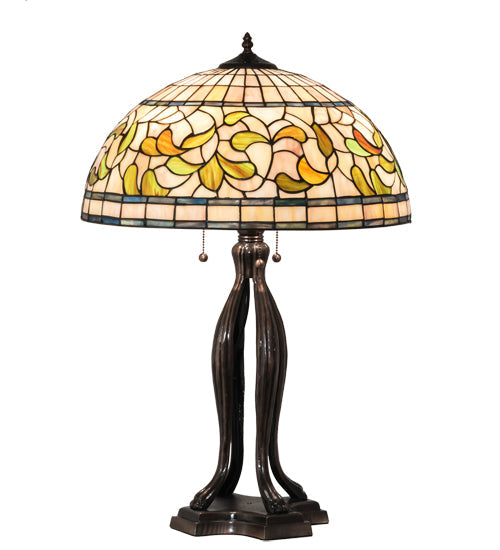 Meyda Lighting Tiffany Turning Leaf 30" 3-Light Mahogany Bronze Table Lamp With Multi-Colored Shade Glass