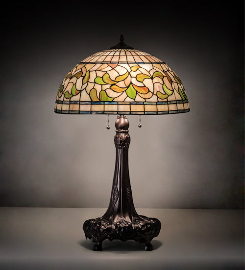 Meyda Lighting Tiffany Turning Leaf 31" 3-Light Mahogany Bronze Table Lamp With Green & Beige Stained Shade Glass