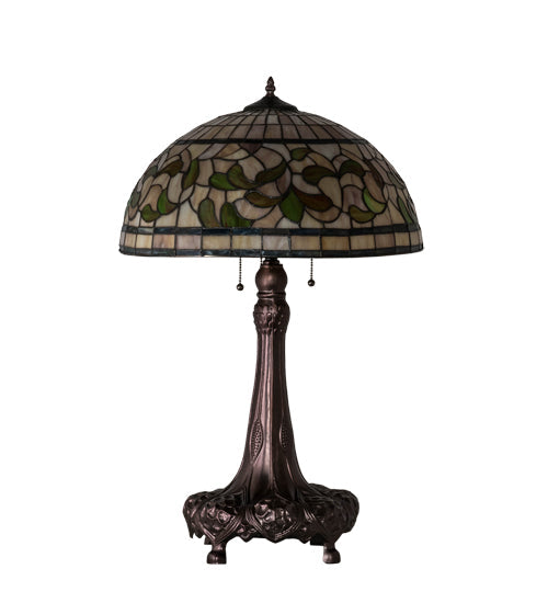 Meyda Lighting Tiffany Turning Leaf 31" 3-Light Mahogany Bronze Table Lamp With Green & Beige Stained Shade Glass
